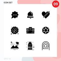 Pack of 9 creative Solid Glyphs of office bag hydropower access hydro electrical Editable Vector Design Elements