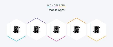 paquete de iconos de 25 glifos de aplicaciones móviles que incluye reconocimiento de audio. móvil. aplicación tarjeta. mapa vector