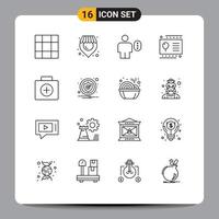 Pack of 16 creative Outlines of suitcase first aid human briefcase kid Editable Vector Design Elements