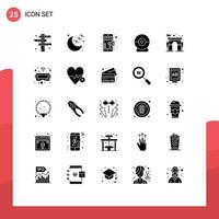 Pack of 25 Modern Solid Glyphs Signs and Symbols for Web Print Media such as door architecture online security camera Editable Vector Design Elements