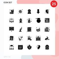 paquete de 25 signos y símbolos de glifos sólidos modernos para medios de impresión web, como el marcador de inversión de crecimiento, la flecha hacia abajo humana, los elementos de diseño de vectores editables