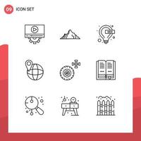 Pack of 9 Modern Outlines Signs and Symbols for Web Print Media such as service world scene travel seo Editable Vector Design Elements