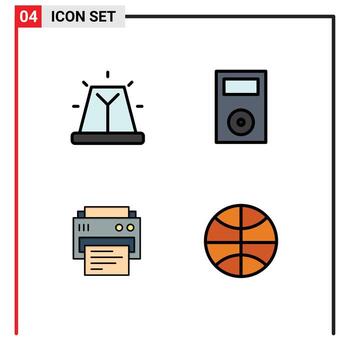 4 User Interface Filledline Flat Color Pack of modern Signs and Symbols of alert printer siren ipod printing Editable Vector Design Elements
