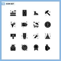 User Interface Pack of 16 Basic Solid Glyphs of tool construction message boot hiking Editable Vector Design Elements