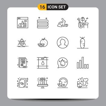 Pack of 16 creative Outlines of insect bug robbit song guitar Editable Vector Design Elements