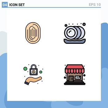 Editable Vector Line Pack of 4 Simple Filledline Flat Colors of fingerprint lock scan kitchen security Editable Vector Design Elements