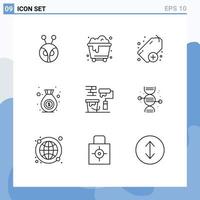 User Interface Pack of 9 Basic Outlines of adn paint plus roller money Editable Vector Design Elements