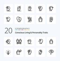 Paquete de iconos de línea de 20 rasgos de personalidad y vida consciente como hombre autismo personas desbloquear bloqueo vector