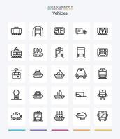 Paquete de iconos de 25 contornos de vehículos creativos, como el ferrocarril. vehículo. caravana. ferrocarril. camión vector