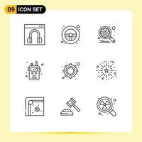 Mobile Interface Outline Set of 9 Pictograms of instrument walkie talkie wheel radio transceiver setting Editable Vector Design Elements