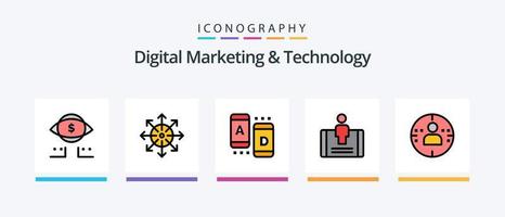 La línea de marketing digital y tecnología llenó un paquete de 5 íconos que incluye marketing. marketing. promoción. globo. abierto. diseño de iconos creativos vector