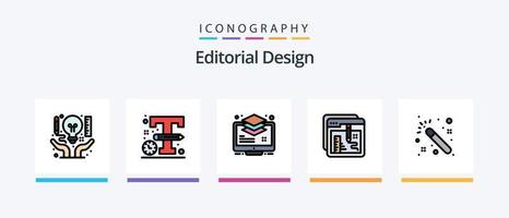 la línea de diseño editorial llenó el paquete de 5 iconos, incluida la bombilla. diseño. lápiz. creativo. bosquejo. diseño de iconos creativos vector