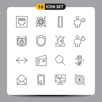 Mobile Interface Outline Set of 16 Pictograms of security marketing avatar management sign Editable Vector Design Elements