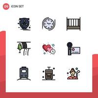 Pack of 9 Modern Filledline Flat Colors Signs and Symbols for Web Print Media such as time heart bedroom clock route Editable Vector Design Elements