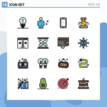 Pack of 16 Modern Flat Color Filled Lines Signs and Symbols for Web Print Media such as coding robot move exoskeleton huawei Editable Creative Vector Design Elements