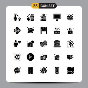 25 Universal Solid Glyph Signs Symbols of anemone interface apple camera display Editable Vector Design Elements