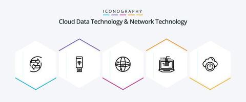 paquete de iconos de 25 líneas de tecnología de datos en la nube y tecnología de red que incluye hardware. red. servicio computadora. informática vector