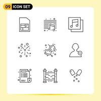 paquete de 9 signos y símbolos de contornos modernos para medios de impresión web, como elementos de diseño de vectores editables de fuego de educación de medios de laboratorio de interfaz