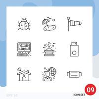 Mobile Interface Outline Set of 9 Pictograms of hook shop spring pc wind Editable Vector Design Elements