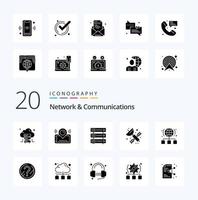 20 Network And Communications Solid Glyph icon Pack like internet science database satellite space vector