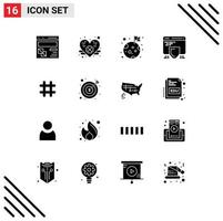 Group of 16 Solid Glyphs Signs and Symbols for hash tag web flag shield protection Editable Vector Design Elements