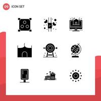 Pack of 9 Modern Solid Glyphs Signs and Symbols for Web Print Media such as goal business property medieval castle tower Editable Vector Design Elements