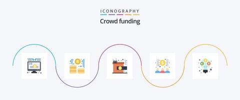 Paquete de 5 iconos planos de crowdfunding que incluye ganancias. dinero. logro. economista. banquero vector