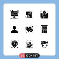 Set of 9 Vector Solid Glyphs on Grid for like favorite paper woman avatar Editable Vector Design Elements