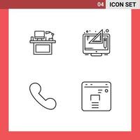 Mobile Interface Line Set of 4 Pictograms of computer digital monitor table thinking Editable Vector Design Elements