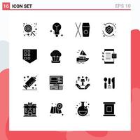 Group of 16 Modern Solid Glyphs Set for cake security food protect shield Editable Vector Design Elements