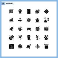 Solid Glyph Pack of 25 Universal Symbols of gear settings mobile network gear Editable Vector Design Elements