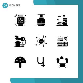 conjunto de pictogramas de 9 glifos sólidos simples de elementos de diseño de vectores editables de la casa clave de comida de ADN hereditario