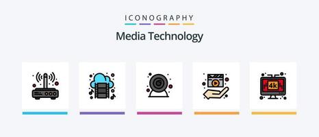 la línea de tecnología de medios llenó el paquete de 5 iconos, incluida la computadora. teléfono. reproductor de video. móvil. gesto. diseño de iconos creativos vector