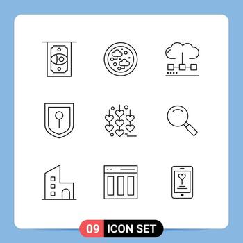 User Interface Pack of 9 Basic Outlines of glass love computing heart location Editable Vector Design Elements