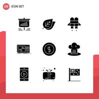 9 Universal Solid Glyphs Set for Web and Mobile Applications coin studio spring sound equalizer Editable Vector Design Elements