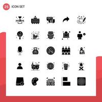 Pack of 25 Modern Solid Glyphs Signs and Symbols for Web Print Media such as pen heart conversation forward direction Editable Vector Design Elements