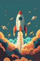 Space ship Rocket launch in the sky flying over clouds vector illustration