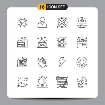 Modern Set of 16 Outlines Pictograph of plain profile engine report computer Editable Vector Design Elements