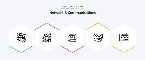 Network And Communications 25 Line icon pack including message. call. business. search. find vector