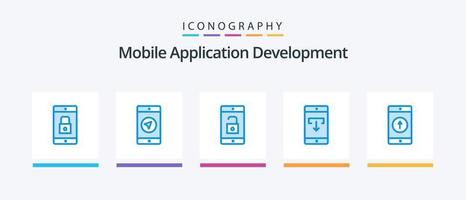 Mobile Application Development Blue 5 Icon Pack Including mobile application. download. poniter. data. unlock. Creative Icons Design vector