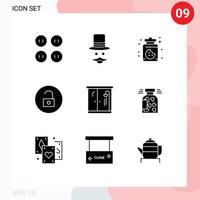 Editable Vector Line Pack of 9 Simple Solid Glyphs of bathroom home dessert multimedia media Editable Vector Design Elements