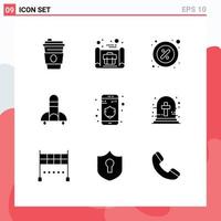 Pack of 9 creative Solid Glyphs of privacy space part ship rocket Editable Vector Design Elements