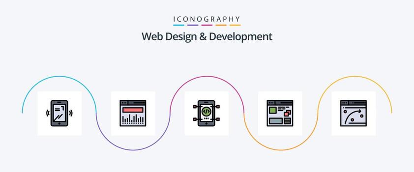 Web Design And Development Line Filled Flat 5 Icon Pack Including window. web. development. window. page vector