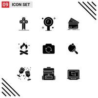 9 User Interface Solid Glyph Pack of modern Signs and Symbols of camping shopping reflection money credit card Editable Vector Design Elements