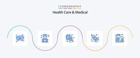 cuidado de la salud y paquete de iconos azul médico 5 que incluye píldoras. botella. Organo. pasta dental. limpio vector