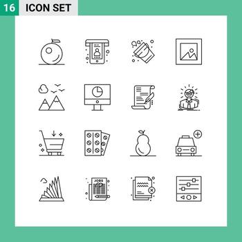 Set of 16 Vector Outlines on Grid for computer scenery firefighter nature photo Editable Vector Design Elements
