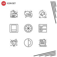 paquete de 9 signos y símbolos de contornos modernos para medios de impresión web, como elementos de diseño de vectores editables de altavoz de cambio de publicidad de alimentos