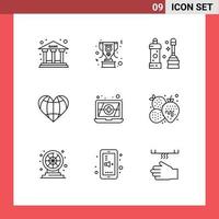 Group of 9 Outlines Signs and Symbols for antivirus favorite bathroom like heart Editable Vector Design Elements