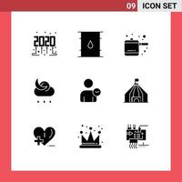 Set of 9 Commercial Solid Glyphs pack for basic user kitchen man night Editable Vector Design Elements