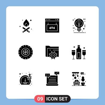 Mobile Interface Solid Glyph Set of 9 Pictograms of setting wheel bulb tire pause Editable Vector Design Elements
